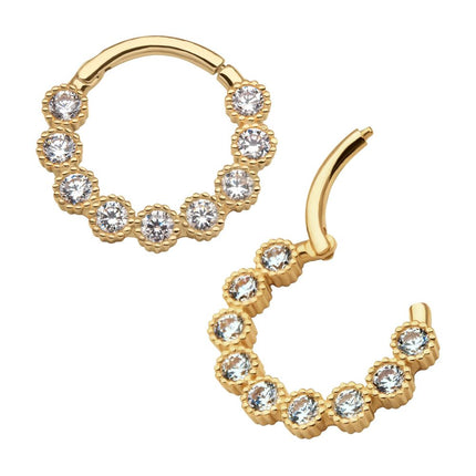 Invictus 14Kt Yellow Gold with 9-Cluster Bezel Set Clear CZ Beaded Edge Front Facing Hinged Segment Clicker