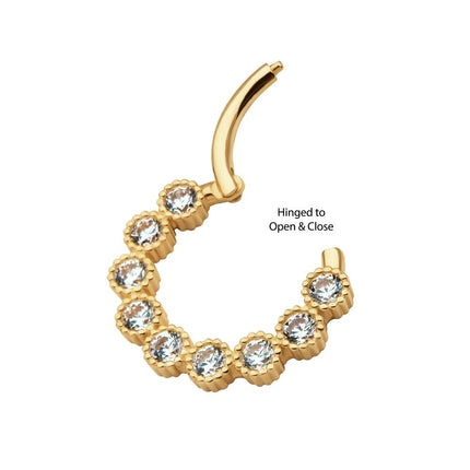 Invictus 14Kt Yellow Gold with 9-Cluster Bezel Set Clear CZ Beaded Edge Front Facing Hinged Segment Clicker