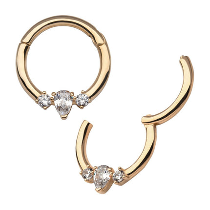 Invictus 14Kt Yellow Gold with 3-Cluster Prong Set Marquise & Round Clear CZ Front Facing Hinged Segment Clicker