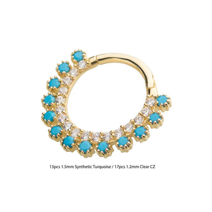 Invictus 14Kt Yellow Gold with Double Row Prong Set Clear CZ & Synthetic Turquoise Front Facing Hinged Segment Clicker