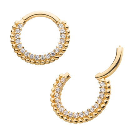 Invictus 14Kt Yellow Gold with Prong Set Clear CZ Beaded Edge Front Facing Hinged Segment Clicker