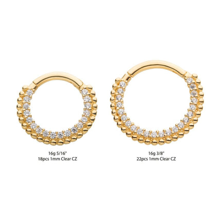 Invictus 14Kt Yellow Gold with Prong Set Clear CZ Beaded Edge Front Facing Hinged Segment Clicker