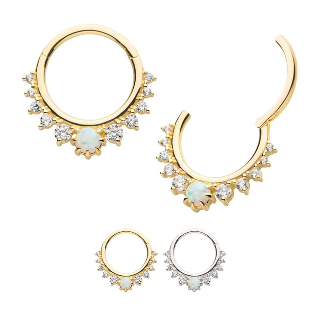 Invictus 14Kt Gold Prong Set Gem Cluster with 3mm White Opal Front Facing Hinged Segment Clicker