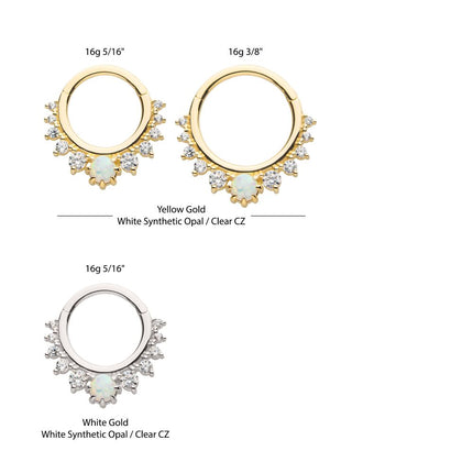 Invictus 14Kt Gold Prong Set Gem Cluster with 3mm White Opal Front Facing Hinged Segment Clicker