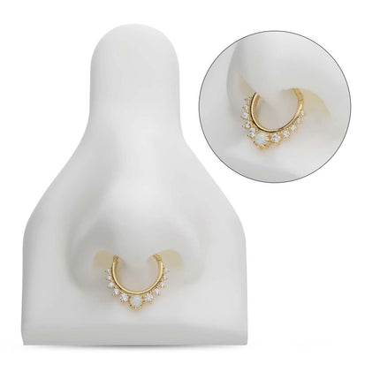 Invictus 14Kt Gold Prong Set Gem Cluster with 3mm White Opal Front Facing Hinged Segment Clicker