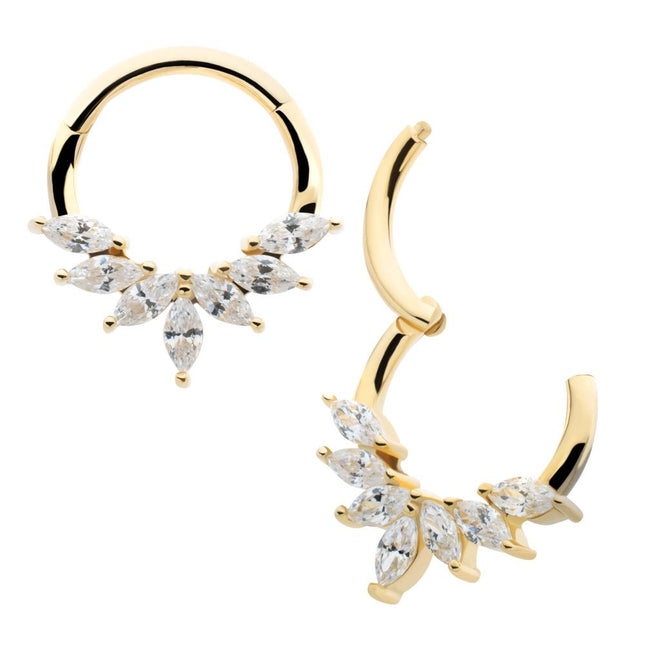 Invictus 14Kt Yellow Gold Pronged Marquise CZ 7-Cluster Wreath Hinged Segment Clicker