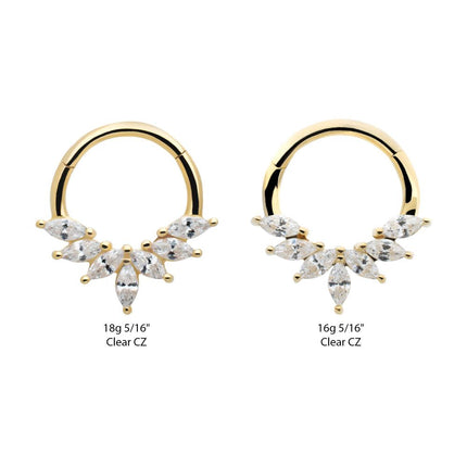 Invictus 14Kt Yellow Gold Pronged Marquise CZ 7-Cluster Wreath Hinged Segment Clicker