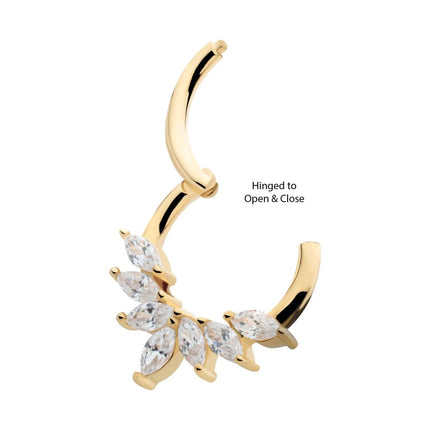 Invictus 14Kt Yellow Gold Pronged Marquise CZ 7-Cluster Wreath Hinged Segment Clicker
