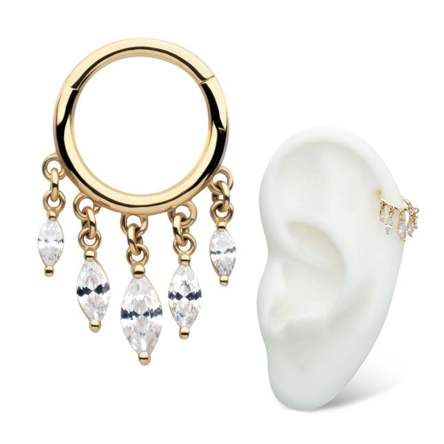 Invictus 14Kt Yellow Gold 5 Marquise CZ Dangle Charm Hinged Segment Clicker