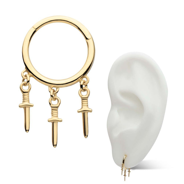 Invictus 14Kt Yellow Gold Triple Dagger Dangle Charm Hinged Segment Clicker