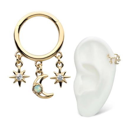 Invictus 14Kt Yellow Gold Triple Dangle Charm Clear CZ Stars & Opal Crescent Moon Hinged Segment Clicker