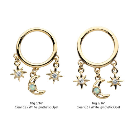 Invictus 14Kt Yellow Gold Triple Dangle Charm Clear CZ Stars & Opal Crescent Moon Hinged Segment Clicker
