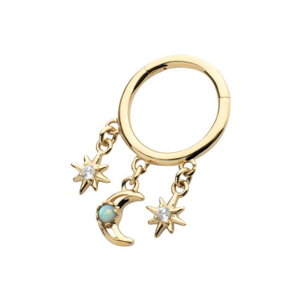 Invictus 14Kt Yellow Gold Triple Dangle Charm Clear CZ Stars & Opal Crescent Moon Hinged Segment Clicker