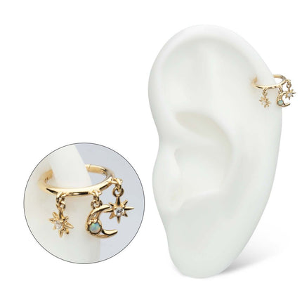 Invictus 14Kt Yellow Gold Triple Dangle Charm Clear CZ Stars & Opal Crescent Moon Hinged Segment Clicker