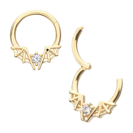 Invictus 14Kt Yellow Gold Angled Bat Wings Frame a Prong Set Gem Front Facing Hinged Segment Clicker