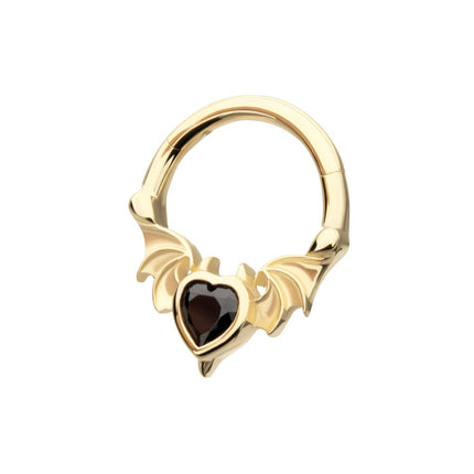 Invictus 14Kt Yellow Gold Carved Bat Wings with Devil Heart Bezel Gem Front Facing Hinged Segment Clicker
