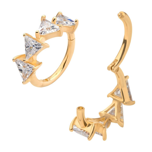 Invictus 14Kt Yellow Gold with 4-Cluster Prong Set Triangle Clear CZ Side Facing Hinged Segment Clicker