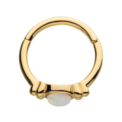 Invictus 14Kt Gold Beads & Centerpiece Bezel Set White Opal Side Facing Hinged Segment Clicker