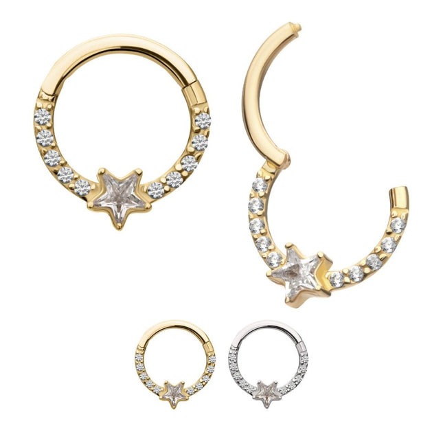 Invictus 14Kt Gold 1mm CNC Set Gem Cluster with 3mm Star Gem Front Facing Hinged Segment Clicker