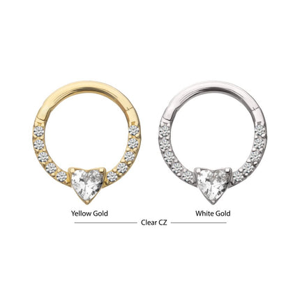 Invictus 14Kt Gold 3mm Prong Set Heart with 1mm CNC Set Round Gem Front Facing Hinged Segment Clicker