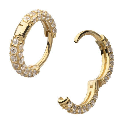 Invictus 14Kt Yellow Gold 3 Row Pave Set Gem Hinged Hoop Huggie Earrings