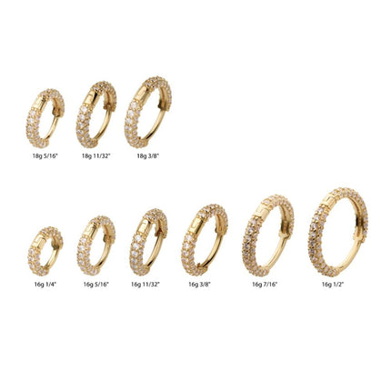 Invictus 14Kt Yellow Gold 3 Row Pave Set Gem Hinged Hoop Huggie Earrings