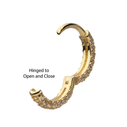 Invictus 14Kt Yellow Gold 3 Row Pave Set Gem Hinged Hoop Huggie Earrings