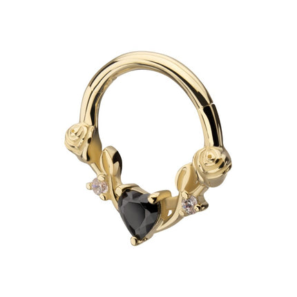 Invictus 14Kt Yellow Gold Prong Set Black Heart with Rose Vine Design Front Facing Hinged Segment Clicker