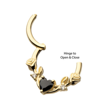 Invictus 14Kt Yellow Gold Prong Set Black Heart with Rose Vine Design Front Facing Hinged Segment Clicker