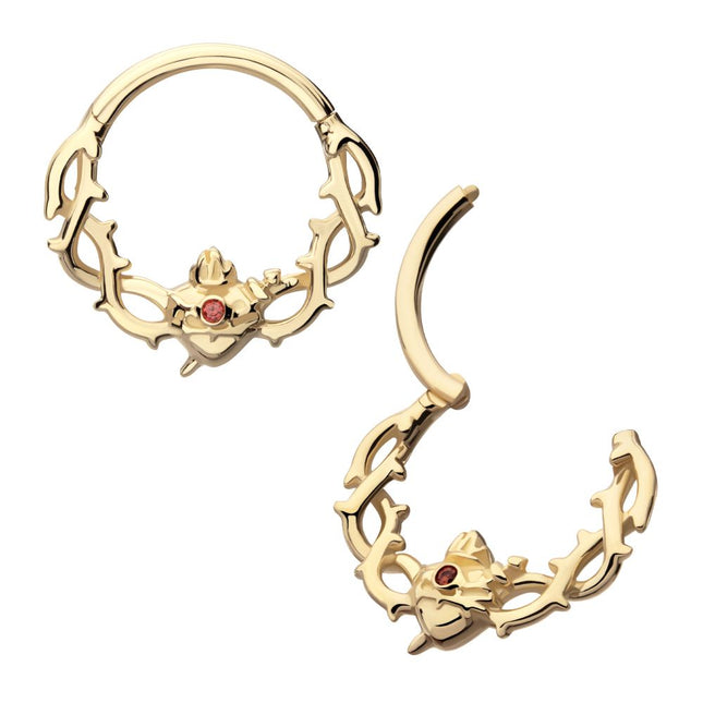Invictus 14Kt Yellow Gold Sacred Heart with Dagger Crown of Thorns Garnet Bezel Gem Front Facing Hinged Segment Clicker