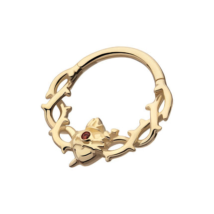 Invictus 14Kt Yellow Gold Sacred Heart with Dagger Crown of Thorns Garnet Bezel Gem Front Facing Hinged Segment Clicker