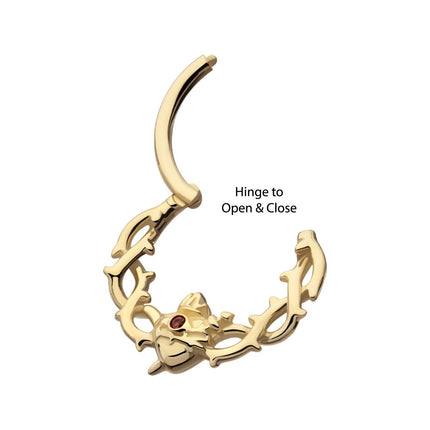 Invictus 14Kt Yellow Gold Sacred Heart with Dagger Crown of Thorns Garnet Bezel Gem Front Facing Hinged Segment Clicker