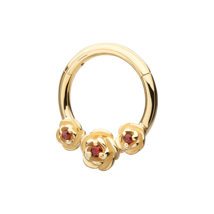 Invictus 14kt Yellow Gold Prong Set Triple Rose with Prong Set Round Garnet Gem Front Facing Hinged Segment Clicker