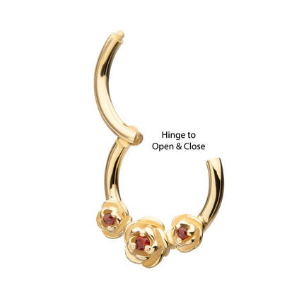 Invictus 14kt Yellow Gold Prong Set Triple Rose with Prong Set Round Garnet Gem Front Facing Hinged Segment Clicker