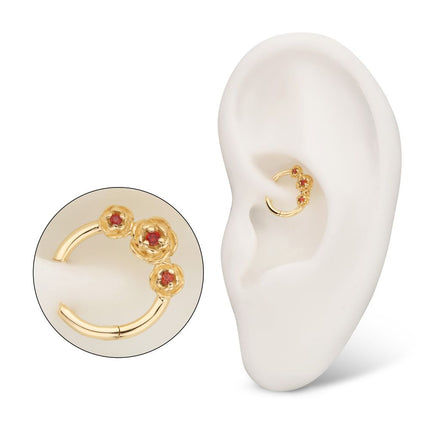 Invictus 14kt Yellow Gold Prong Set Triple Rose with Prong Set Round Garnet Gem Front Facing Hinged Segment Clicker