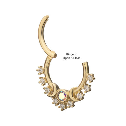 Invictus 14Kt Yellow Gold Prong Set Round Gem Cluster & Triple Moon Phase Front Facing Hinged Segment Clicker