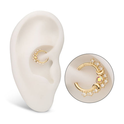 Invictus 14Kt Yellow Gold Prong Set Round Gem Cluster & Triple Moon Phase Front Facing Hinged Segment Clicker