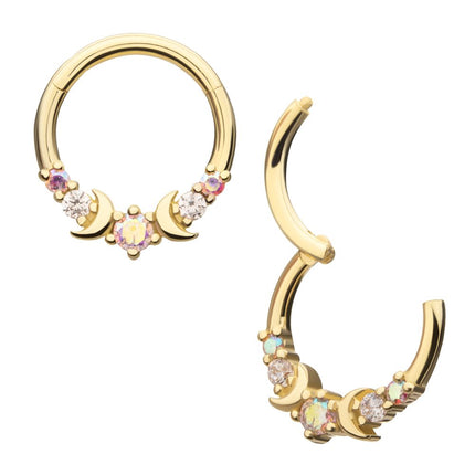 Invictus 14kt Yellow Gold Prong Set Round Gem Triple Moon Phase Front Facing Hinged Segment Clicker