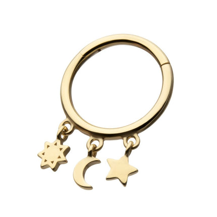 Invictus 14Kt Yellow Gold Stars & Moon Dangle Charm Hinged Segment Clicker