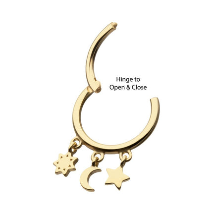 Invictus 14Kt Yellow Gold Stars & Moon Dangle Charm Hinged Segment Clicker