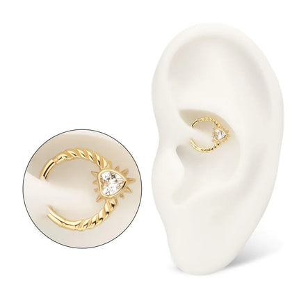 Invictus 14kt Yellow Gold Spike Edge Bezel Heart Gem Wired Hoop Front Facing Hinged Segment Clicker