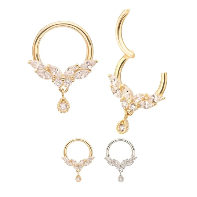 Invictus 14Kt Gold Marquise Cluster Butterfly with Gem Dangle Front Facing Hinged Segment Clicker