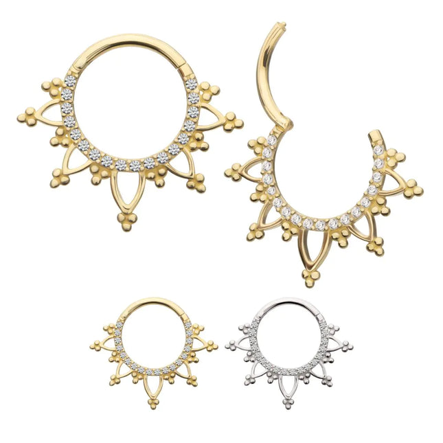 Invictus 14Kt Gold Beaded Edge with 1mm CNC Set Round Gem Front Facing Hinged Segment Clicker