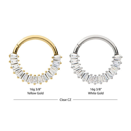 Invictus 14kt Gold Prong Set Baguette Gem Cluster Front Facing Hinged Segment Clicker