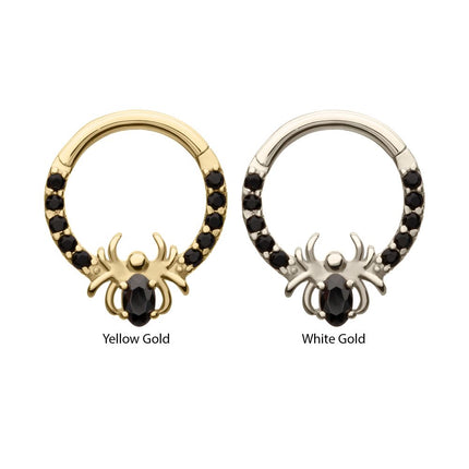 Invictus 14Kt Gold Gem Hoop with Prong Set Black Gem Spider Front Facing Hinged Segment Clicker