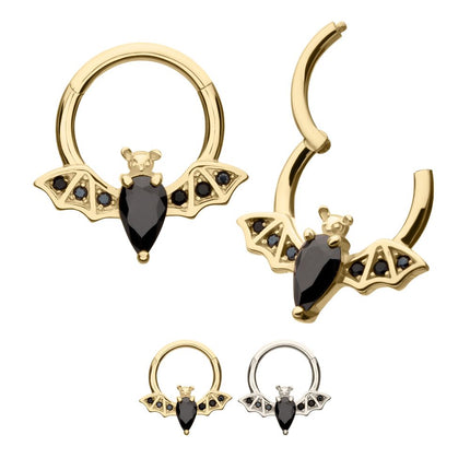 Invictus 14Kt Gold Flying Bat with Prong Set Black Gem Front Facing Hinged Segment Clicker
