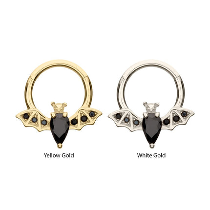 Invictus 14Kt Gold Flying Bat with Prong Set Black Gem Front Facing Hinged Segment Clicker