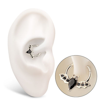 Invictus 14Kt Gold Flying Bat with Prong Set Black Gem Front Facing Hinged Segment Clicker