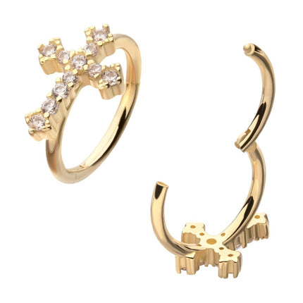 Invictus 14kt Yellow Gold Antique Cross with Prong Set Gem Side Facing Hinged Segment Clicker