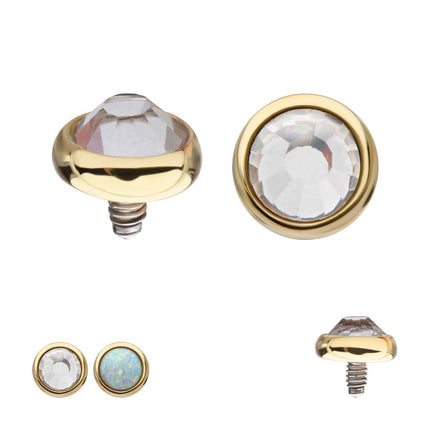 Invictus 14Kt Yellow Gold Internally Threaded Bezel Set Flat Bottom Clear Crystal/Low Profile Opal Top Dermal
